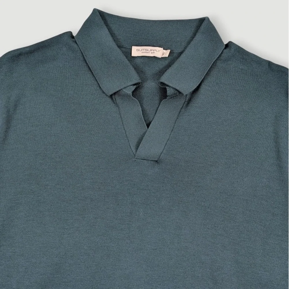 SuitSupply Cotton Silk Polo Shirt Men Large Green Johnny Collar Quiet Luxury - Picture 6 of 9